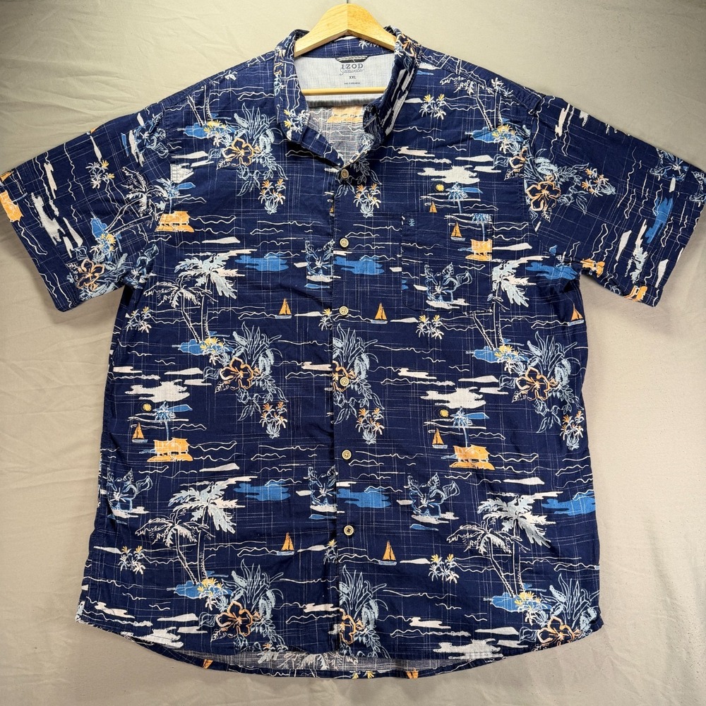 Izod Saltwater Shirt Mens 2XL Blue Button Up Short Sleeve Hawaiian Beach Camp - Picture 2 of 9